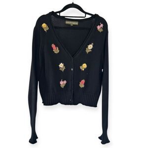 Womens Princess Highway Black Floral Embroidered Cardigan Sweater - Sz L